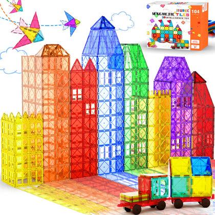 UREC 104 Pieces Magnetic Tiles Building Blocks for Kids Magnet Building Tiles Set with 2 Cars, Construction STEM Toys Gift for Boys and Girls