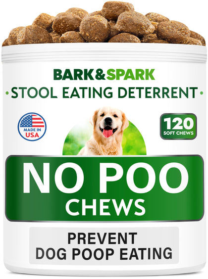 Bark&Spark NO Poo Treats - Prevent Dog Poop Eating - Coprophagia Treatment - Stool Eating Deterrent - Probiotics & Enzymes - Digestive Health + Breath Aid - 120 Soft Chews - USA Made - Bacon Flavored