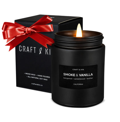Scented Candles for Men | Wood & Vanilla Scented Candle | Fall Candles | Soy Candles for Home Scented | Christmas Candles Scented, Wood Wicked Candles | Vanilla Candle in Black Jar