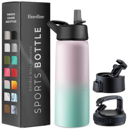 FineDine Insulated Water Bottles with Straw - 25 Oz Stainless Steel Metal Water Bottle W/ 3 Lids - Reusable for Travel, Camping, Bike, Sports - Dreamy Pink-Green
