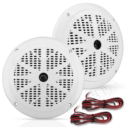 6.5 Inch Dual Marine Speakers - 2 Way Waterproof and Weather Resistant Outdoor Audio Stereo Sound System with 120 Watt Power, Polypropylene Cone and Cloth Surround - 1 Pair - PLMR61W (White)