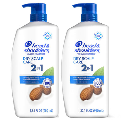Head & Shoulders Shampoo and Conditioner 2 in 1, Anti Dandruff Treatment, Dry Scalp Care with Almond Oil, 32.1 fl oz, Twin Pack (Packaging May Vary)