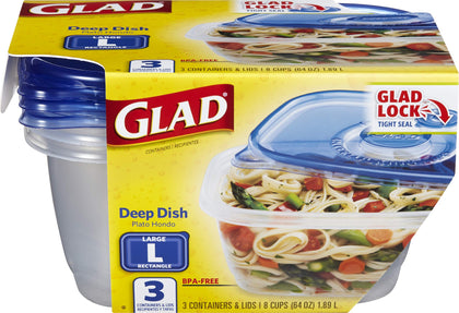 GladWare Deep Dish Food Storage Containers | Large Rectangle Food Storage, Food Containers Hold up to 64 Ounces of Food | Glad Containers with Glad Lock Tight Seal, 3 Count, Standard