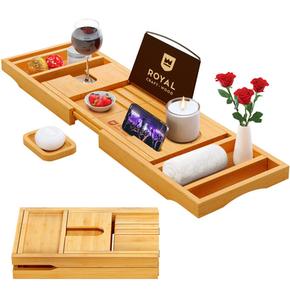 ROYAL CRAFT WOOD Foldable Bathtub Tray Caddy Bamboo Bathtub Tray Expandable, Bath Tub Table Caddy with Extending Sides - Free Soap Dish
