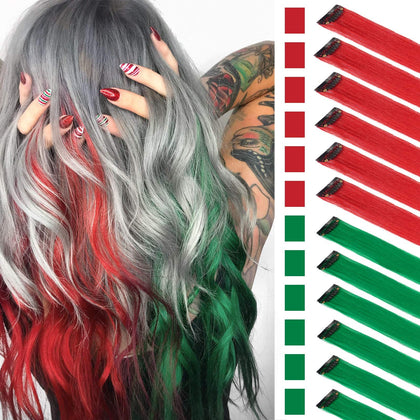 FESHFEN Colored Hair Extension, 12 PCS Red and Green Clip in Hair Extensions Highlight Colorful Hair Piece Straight Synthetic Hairpieces for Women Girls Daily Party Christmas, 22 inch