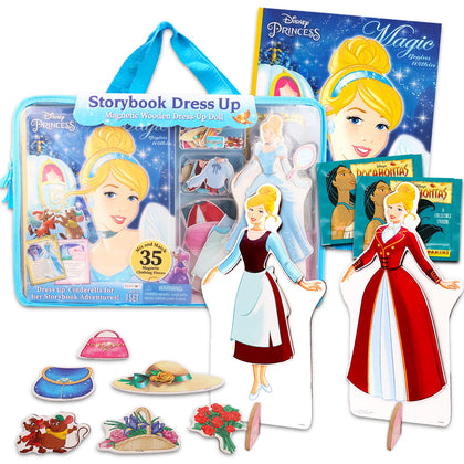 Disney Princess Magnetic Dress Up Doll Figure for Girls ~ Cinderella Bundle with 35 Magnetic Wardrobe Accessories, Storybook, Stickers, and Tote Bag (Princess Activity Set for Kids)