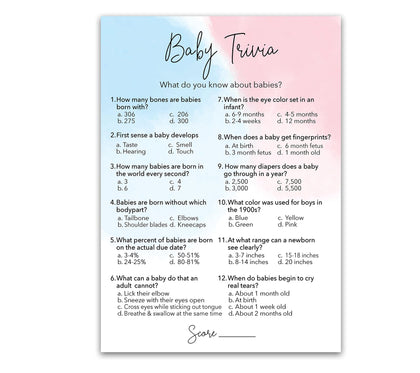 GENDER REVEAL Party Game - BABY TRIVIA Game - Pack of 25 - Minimalist Pink or Blue Fun Baby Facts Games, Blue or Pink Trivia Gender Neutral Baby Shower Games Activities, Coed Couples Shower G752-TRV