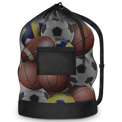 Extra Large Sports Ball Bag, Mesh Soccer Team Balls Bag, Drawstring Sport Equipment Storage Bag for Basketball, Beach Cloth and Swimming Gears with Adjustable Shoulder Strap & Front Pocket(30 x 40)