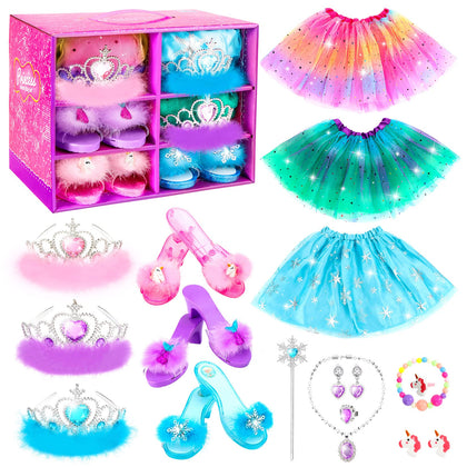 HAMSILY Princess Dress Up Shoes Set for Toddler Jewelry Boutique Kit, 3 Themes of Unicorn Mermaid Ice Princess Costumes Set, Pretend Play Gifts for Little Girls Aged 3-6 Years Old