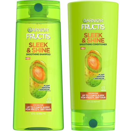 Garnier Fructis Sleek & Shine Shampoo (22 Fl Oz) + Conditioner (21 Fl Oz) Set for Frizzy, Dry Hair, Plant Keratin + Argan Oil (2 Items), 1 Kit (Packaging May Vary)