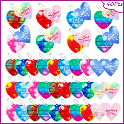 Valentines Day Gifts for Kids,40 Pcs Mini Pop Keychains Fidget Toys with 40 Pcs Valentines Gift Cards,Party Favors, Sensory Toys Bulk for Kids, Classroom Exchange Gifts Game Prizes