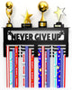 AGATHOS HOME Medal Hanger Display with Trophy Shelf - Metal Awards Rack for Walls Holds 64+ Sports Medals- Our Never Give Up 16.5