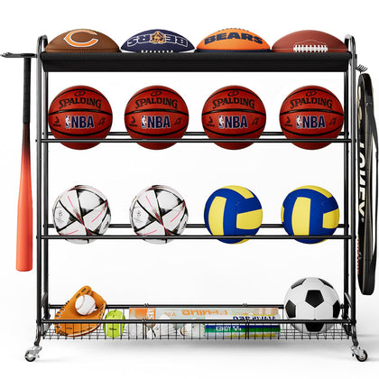 Dicasser Basketball Rack Sports Equipment Organizer Ball Storage,Four-Layer with Baskets and Hooks, Black