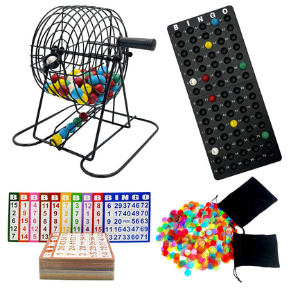 JUNWRROW Deluxe Bingo Game Set-Includes Bingo Cage,600 Colorful Bingo Chips with a Bag,100 Mixed Bingo Cards,75 Calling Balls with a Bag,Plastic Master Board-Ideal for Large Groups, Parties