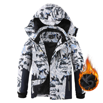 AFILOK Boy's Ski Jacket Waterproof Breathable Kids Fleece Lined Windproof Hooded Snowboard Coats (White Snow Mountain, 10-12)