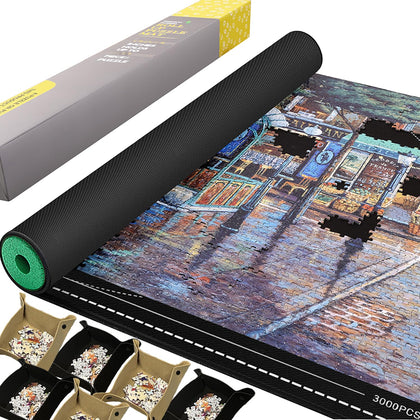 Jigsaw Puzzle Mat Roll Up Rubber No Creases 3000 to 2000 1500 1000 500 Pieces, 49 x 36 Black Large Jigsaw Puzzel Pad Matte Roll-Up Board Table Sorting Trays Saver Holder Accessories Gifts