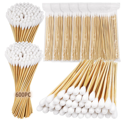 600PCS 6'' Long Cotton Swabs,Lint Free Sturdy Cotton Swabs with Bamboo Handle -Highly Absorbent,Gun Cleaning Swabs for Precision Cleaning,Makeup or Pets (Single Round Swabs)