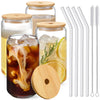 Drinking Glasses with Bamboo Lids and Glass Straw 4pcs Set - 16oz Can Shaped Cups, Beer Glasses, Iced Coffee Cute Tumbler Cup, Ideal for Cocktail, Whiskey, Gift 2 Cleaning Brushes