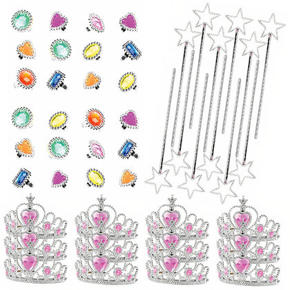 Neliblu Princess Dress Up Set for Your Little Girls - 12 Tiaras, 12 Star Wands, 24 Rhinestone Rings - Costume Pretend Jewelry & Accessories for Fairy-Themed Birthday - Princess Party Favors - Ages 3-5