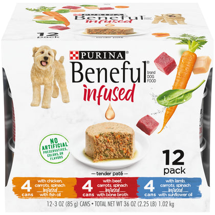 Purina Beneful Infused Pate Wet Dog Food Variety Pack, Pate With Real Lamb, Chicken or Beef Varieties - (2 Packs of 12) 3 oz. Cans