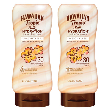 Hawaiian Tropic Weightless Hydration Lotion Sunscreen SPF 30, 6oz | Oil Free Sunscreen, Hawaiian Tropic Sunscreen SPF 30, Oxybenzone Free Sunscreen, Body Sunscreen Pack SPF 30, 6oz each Twin Pack