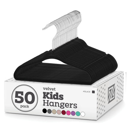 Zober Velvet Kids Hangers for Closet - Pack of 50 Non Slip Childrens Hangers for Shirts, Pants & Dresses w/ Swivel Hook - Durable Kids Clothes Hanger w/ Notches - Small Hangers - Black