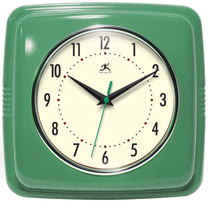 Infinity Instruments Square Silent Retro 9 inch Mid Century Modern Kitchen Diner Retro Wall Clock Quartz Sweep Movement (Green)
