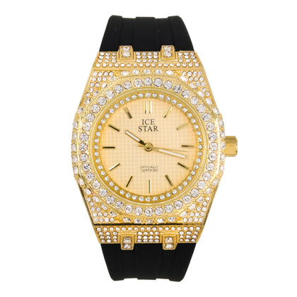 ICE STAR Mens Luxury 43mm Diamond Watch - Iced Out Bezel with Classic Dial - Comfortable & Sweat-Proof Silicone Strap Fully Adjustable - Quartz Movement