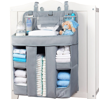 XL Hanging Diaper Caddy Organizer - Reinforced Diaper Stacker for Crib that Keeps Shape for Changing Table, Playard, Wall & Door - Holder for Newborn Baby Girl & Boy