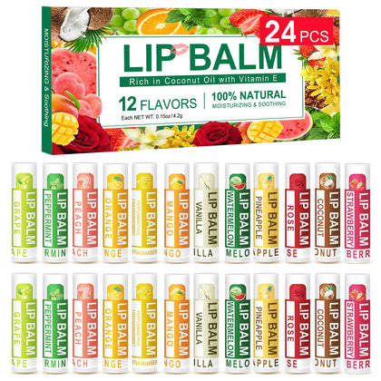 DMSKY 24 Pack Lip Balm, Natural Lip Balm Bulk with Vitamin E and Coconut Oil, Lip Care Product, Moisturizing Soothing Chapped Lips