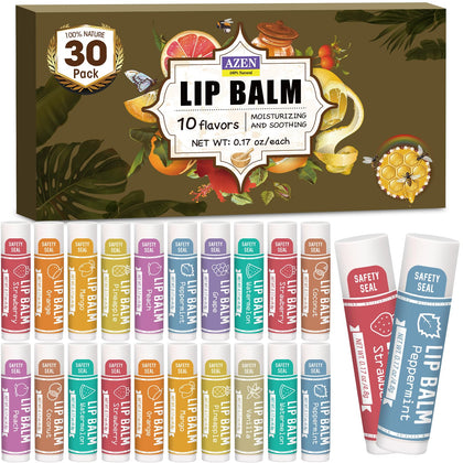 AZEN 30 Pack Lip Balm, Natural Lip Balm Bulk, Lip Care Product, Moisturizing Lip Balm for dry cracked lips
