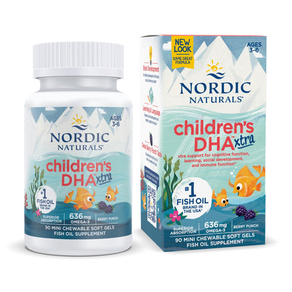 Nordic Naturals Childrens DHA Xtra, Berry Punch - 90 Mini Chewable Soft Gels for Kids - 636 mg Omega-3s EPA & DHA - Cognitive & Immune Function, Learning, Social Development - Non-GMO - 30 Servings