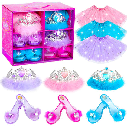 Princess Dress Up Shoes Princess Dresses for Girls, BIBUTY Dress Up Clothes Pretend Play Costumes-3 Sets of Princess Shoes, Dresses and Crowns, Princess Accessory Toys for 3-6 yr Girl Birthday Gifts