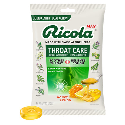 Ricola Max Honey Lemon Throat Care Large Bag | Cough Suppressant Drops | Dual Action Liquid Center | Soothing Long-Lasting Relief - 34 Count (Pack of 1)