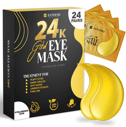 24K Gold Under Eye Patches For Puffy Eyes (24 Pairs Individually Wrapped) - Collagen Enriched Under Eye Masks for Dark Circles and Puffiness, Hyaluronic Acid Under Eye Mask Patches for Wrinkles