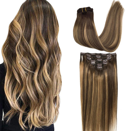 GOO GOO Clip-in Hair Extensions for Women, Soft & Natural, Handmade Real Human Hair Extensions, Chocolate Brown to Caramel Blonde, Long, Straight #(4/27)/4, 7pcs 120g 16 inches
