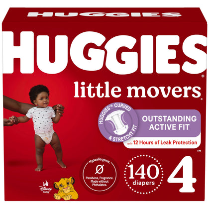 Huggies Size 4 Diapers, Little Movers Baby Diapers, Size 4 (22-37 lbs), 140 Ct (2 Packs of 70), Packaging May Vary