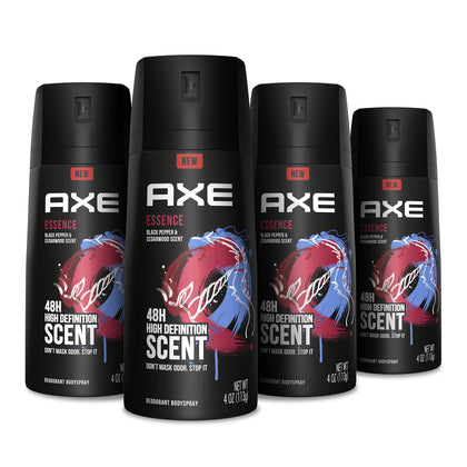 AXE Body Spray Deodorant for Long Lasting Odor Protection Essence Black Pepper & Cedarwood Men's Deodorant Formulated Without Aluminum, 4 Ounce (Pack of 4)