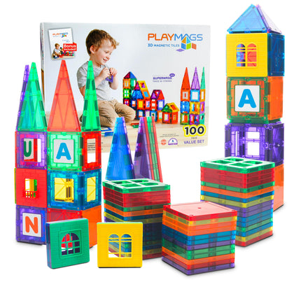 Playmags 100-Piece Magnetic Tiles Building Blocks Set, 3D Magnet Tiles for Kids Boys Girls, Educational STEM Toys for Toddlers