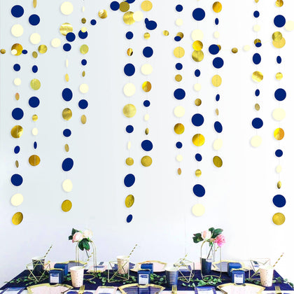 46 Ft Navy Blue and Gold Circle Dots Garland Royal Blue Hanging Paper Polka Dot Streamer for Birthday Wedding Bridal Baby Shower Graduations Nautical Ahoy Achor Pirate Theme Party Decorations Supplies