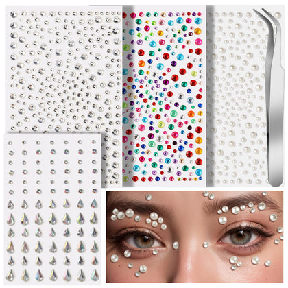 Teenitor Self Adhesive Face Gems and Pearls for Makeup, Festival Jewels, Hair Gems, Rhinestone Stickers for Face, Eye, Makeup, Nail, Body, Crafts