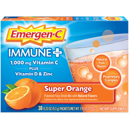 Emergen-C Immune+ Triple Action Immune Support Powder, BetaVia (R), 1000mg Vitamin C, B Vitamins, Vitamin D and Antioxidants, Super Orange - 30 Count