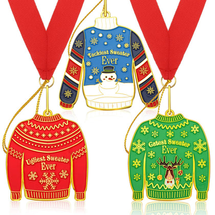 Loetere Ugly Xmas Sweater Medal Award 2.2 x 2.5 Inch for Ugly Sweater Party Decoration Contest Prizes Christmas Tree Ornament Necklace Jewelry for Xmas Party Supplies Hanging Medal(3 Pcs)