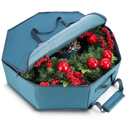 Hearth & Harbor Wreath Storage Container - Hard Shell Christmas Wreath Storage Bag with Interior Pockets, Dual Zipper and Handles - 24