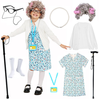 FAYBOX Old Lady Costume for Kids,Old Lady Wig 100 Days of School Costume for Girls,Halloween Granny Glasses Grandma Dress Up