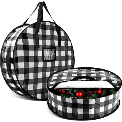 Shappy 2 Pieces Wreath Storage Bag 24 Inch, Garland Holiday Container with Buffalo Plaid Christmas Wreath Storage Box with Heavy Duty Handle and Clear Window for Xmas (Black and White Plaid)