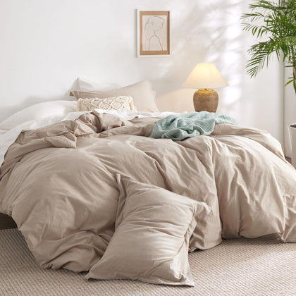 Bedsure 100% Washed Cotton Duvet Cover King Size - Warm Sand Minimalist Cotton Duvet Cover Set Linen Like - 3 Pieces with 2 Pillow Shams (Warm Sand, King, 104