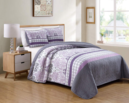 Kids Zone Home Linen Bedspread Set Damask Printed Pattern Lavender Purple White Grey New (King/California King)