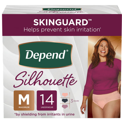 Depend Silhouette Adult Incontinence and Postpartum Underwear for Women, Medium, Maximum Absorbency, Black, Pink and Berry, 14 Count, Packaging May Vary