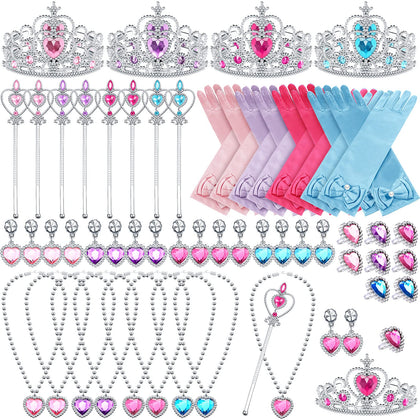 64 Pcs Princess Jewelry Toys for Girls, Princess Party Favors Dress up Accessories Included Crown Wand Gloves Necklace Rings Earrings for Princess Birthday Party Cosplay Decoration, 8 Sets 4 Colors